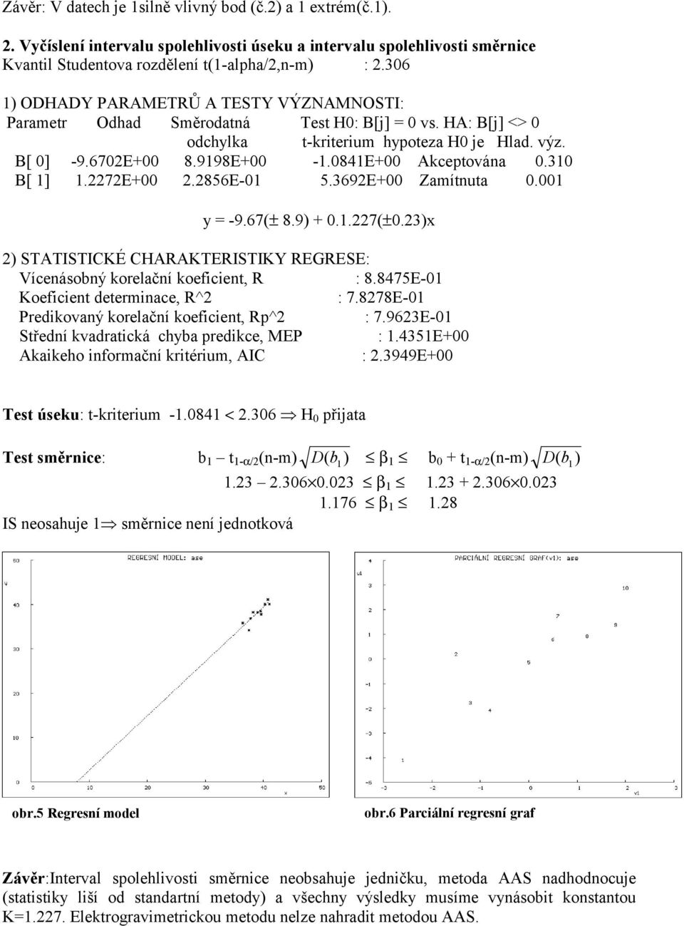 0841E+00 Akceptována 0.310 B[ 1] 1.2272E+00 2.2856E-01 5.3692E+00 Zamítnuta 0.001 y = -9.67(± 8.9) + 0.1.227(±0.23)x 2) STATISTICKÉ CHARAKTERISTIKY REGRESE: Vícenásobný korelační koeficient, R : 8.