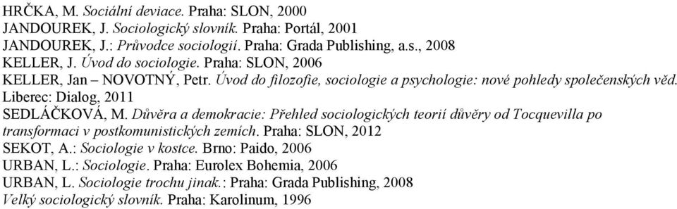 Důvěra a demokracie: Přehled sociologických teorií důvěry od Tocquevilla po transformaci v postkomunistických zemích. Praha: SLON, 2012 SEKOT, A.: Sociologie v kostce.