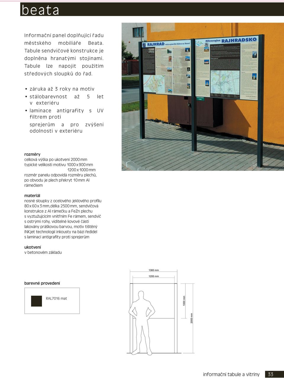 mm rozměr panelu odpovídá rozměru plechů, po obvodu je plech překryt 10 mm Al rámečkem nosné sloupky z ocelového jeklového profilu 80 x 60 x 3 mm,délka 2500 mm, sendvičová konstrukce z Al rámečku a