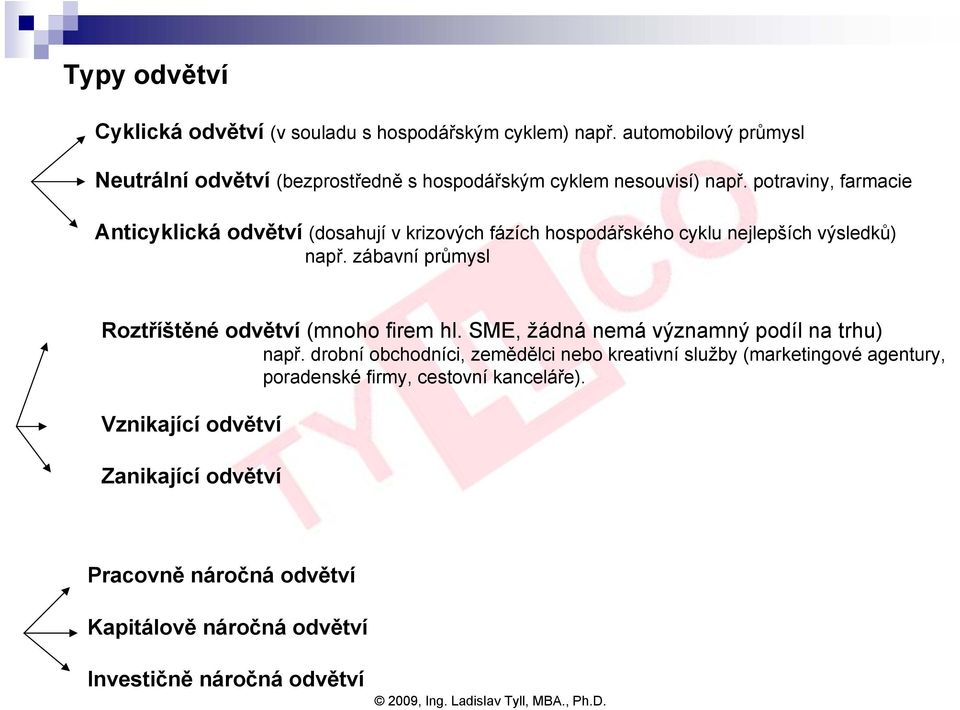 potraviny, farmacie Anticyklická odvětví (dosahují v krizových fázích hospodářského cyklu nejlepších výsledků) např.