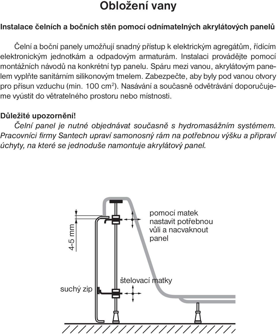 Zabezpečte, aby byly pod vanou otvory pro přísun vzduchu (min. 100 cm 2 ). Nasávání a současně odvětrávání doporučujeme vyústit do větratelného prostoru nebo místnosti. Důležité upozornění!