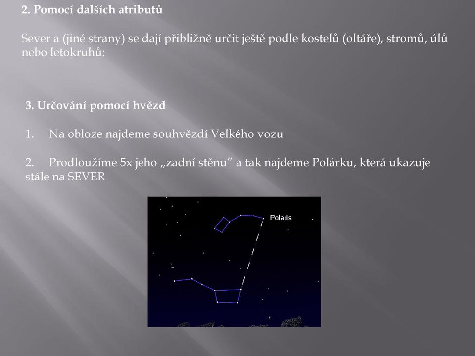 Určování pomocí hvězd 1. Na obloze najdeme souhvězdí Velkého vozu 2.