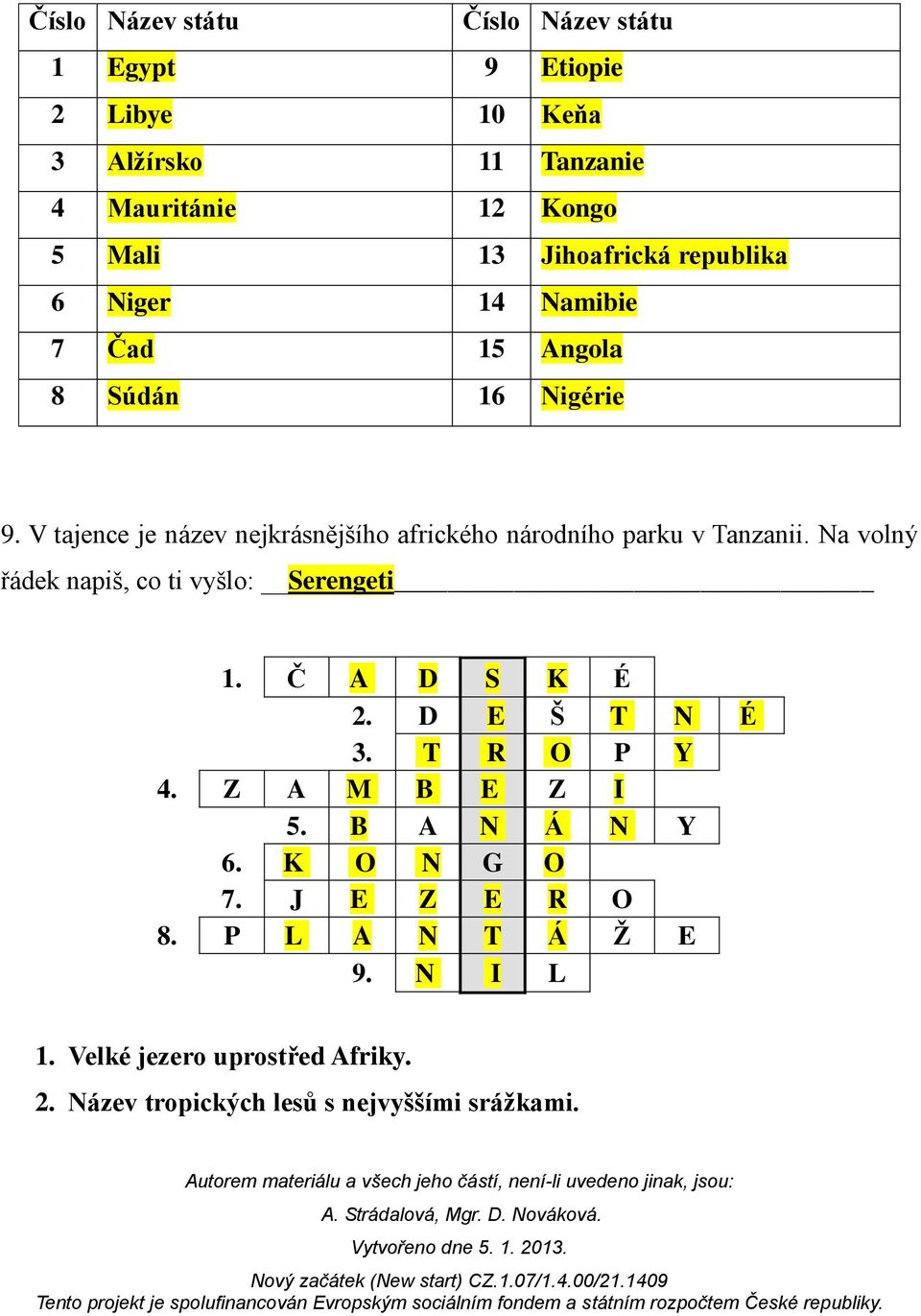 V tajence je název nejkrásnějšího afrického národního parku v Tanzanii. Na volný řádek napiš, co ti vyšlo: Serengeti 1. Č A D S K É 2.