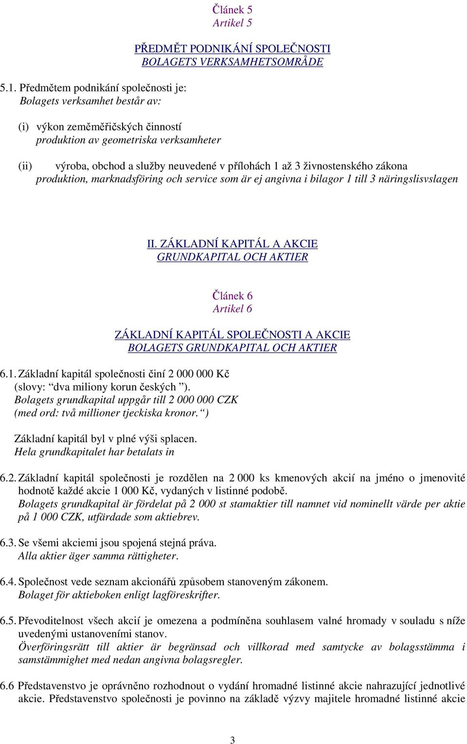 ZÁKLADNÍ KAPITÁL A AKCIE GRUNDKAPITAL OCH AKTIER Článek 6 Artikel 6 ZÁKLADNÍ KAPITÁL SPOLEČNOSTI A AKCIE BOLAGETS GRUNDKAPITAL OCH AKTIER 6.1.