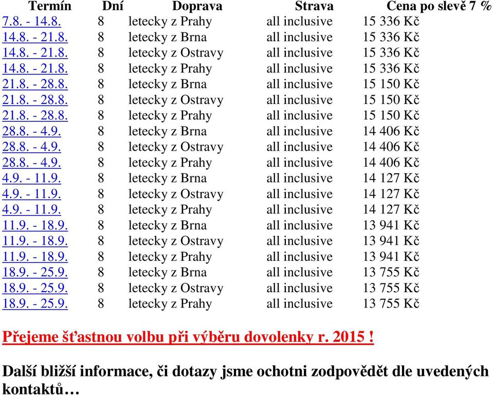 8. - 4.9. 8 letecky z Brna all inclusive 14 406 Kč 28.8. - 4.9. 8 letecky z Ostravy all inclusive 14 406 Kč 28.8. - 4.9. 8 letecky z Prahy all inclusive 14 406 Kč 4.9. - 11.9. 8 letecky z Brna all inclusive 14 127 Kč 4.