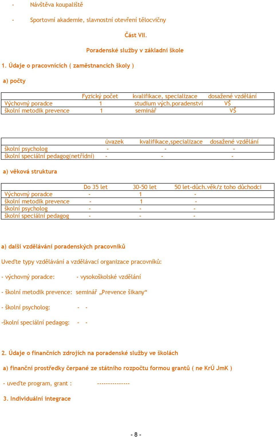 poradenství VŠ školní metodik prevence 1 seminář VŠ úvazek kvalifikace,specializace dosažené vzdělání školní psycholog - - - školní speciální pedagog(netřídní) - - - a) věková struktura Do 35 let