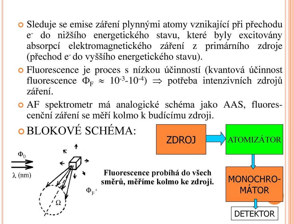 Fluorescence je proces s nízkou účinností (kvantová účinnost fluorescence F 10-3 -10-4 ) potřeba intenzivních zdrojů záření.