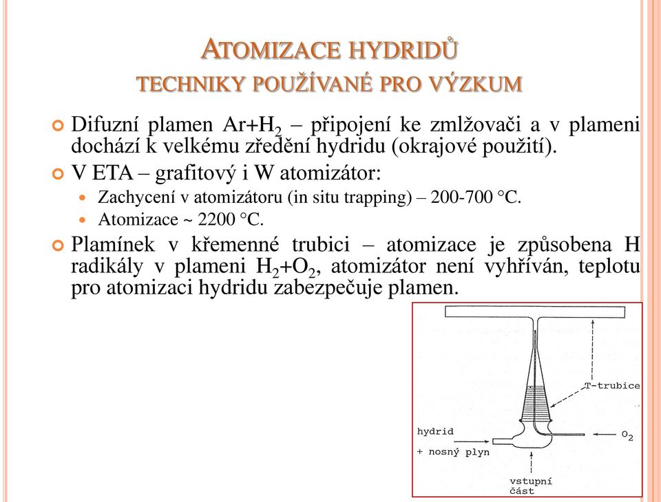 V ETA grafitový i W atomizátor: Zachycení v atomizátoru (in situ trapping) 200-700 C. Atomizace ~ 2200 C.