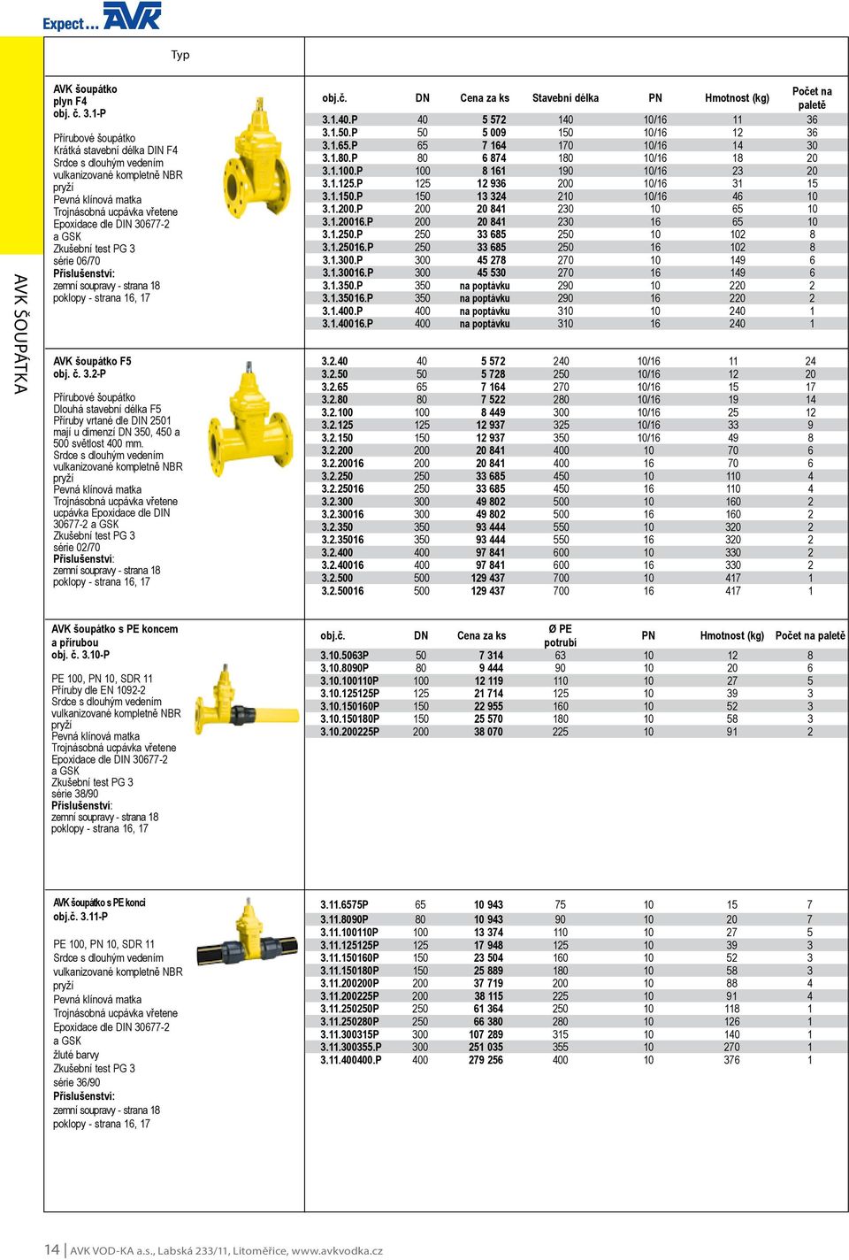 test PG 3 série 06/70 zemní soupravy - strana 18 poklopy - strana 16, 17 AVK šoupátko F5 obj. č. 3.2-P Přírubové šoupátko Dlouhá stavební délka F5 Příruby vrtané dle DIN 2501 mají u dimenzí DN 350, 450 a 500 světlost 400 mm.