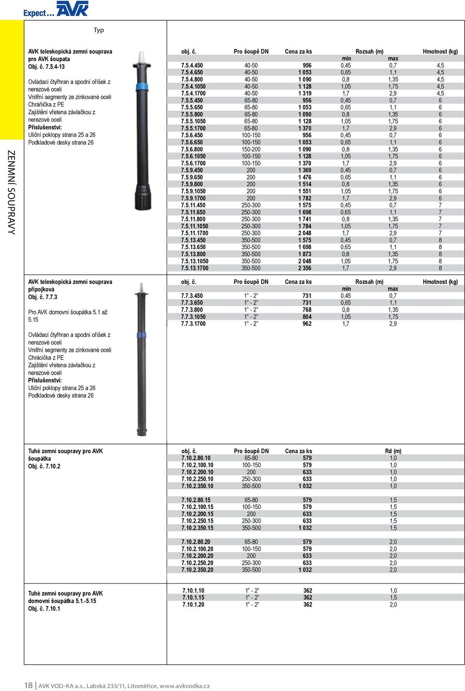 strana 26 obj. č. Pro šoupě DN Cena za ks Rozsah (m) Hmotnost (kg) min max 7.5.4.450 40-50 956 0,45 0,7 4,5 7.5.4.650 40-50 1 053 0,65 1,1 4,5 7.5.4.800 40-50 1 090 0,8 1,35 4,5 7.5.4.1050 40-50 1 128 1,05 1,75 4,5 7.