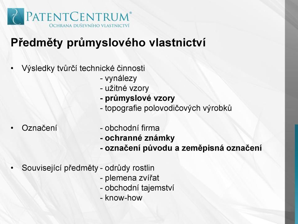 - obchodní firma - ochranné známky - označení původu a zeměpisná označení