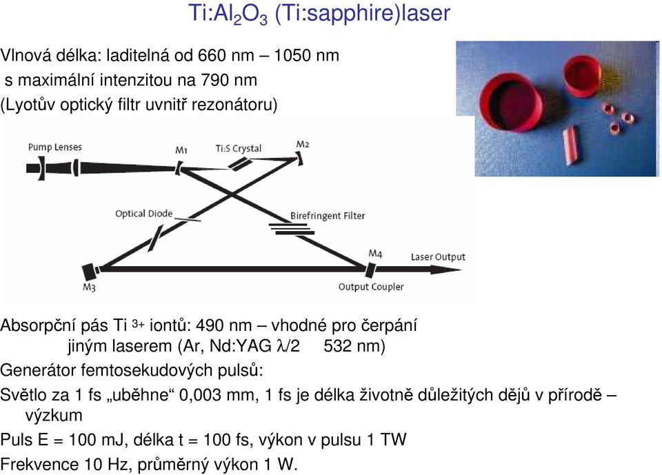 (Ar, Nd:YAG λ/2 532 nm) Generátor femtosekudových pulsů: Světlo za 1 fs uběhne 0,003 mm, 1 fs je délka životně