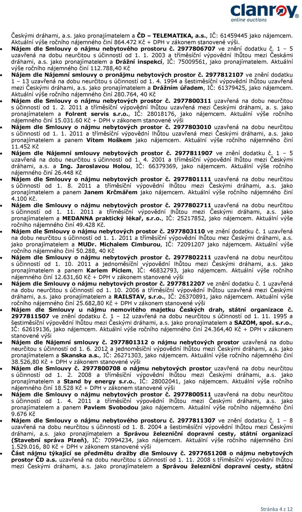 Aktuální výše ročního nájemného činí 112.788,40 Kč Nájem dle Nájemní smlouvy o pronájmu nebytových prostor č. 2977812107 ve znění dodatku 1 13 uzavřená na dobu neurčitou s účinností od 1. 4.