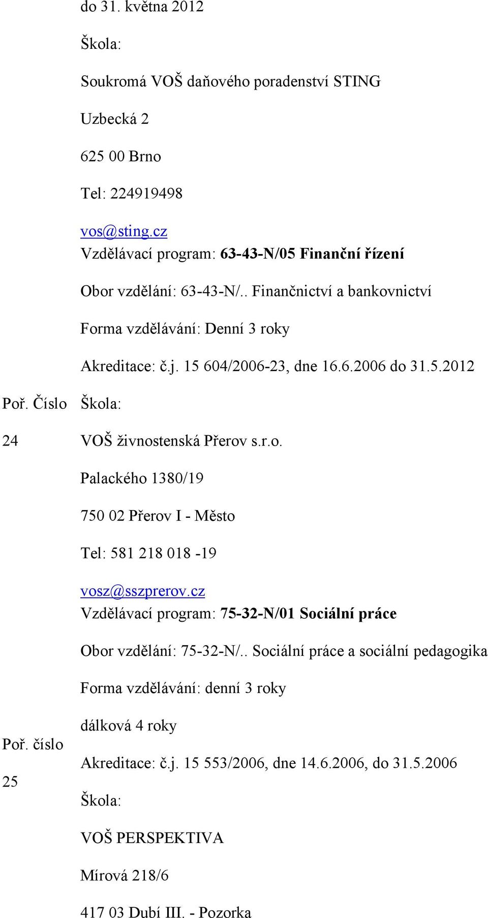 15 604/2006-23, dne 16.6.2006 do 31.5.2012 24 VOŠ živnostenská Přerov s.r.o. Palackého 1380/19 750 02 Přerov I - Město Tel: 581 218 018-19 vosz@sszprerov.