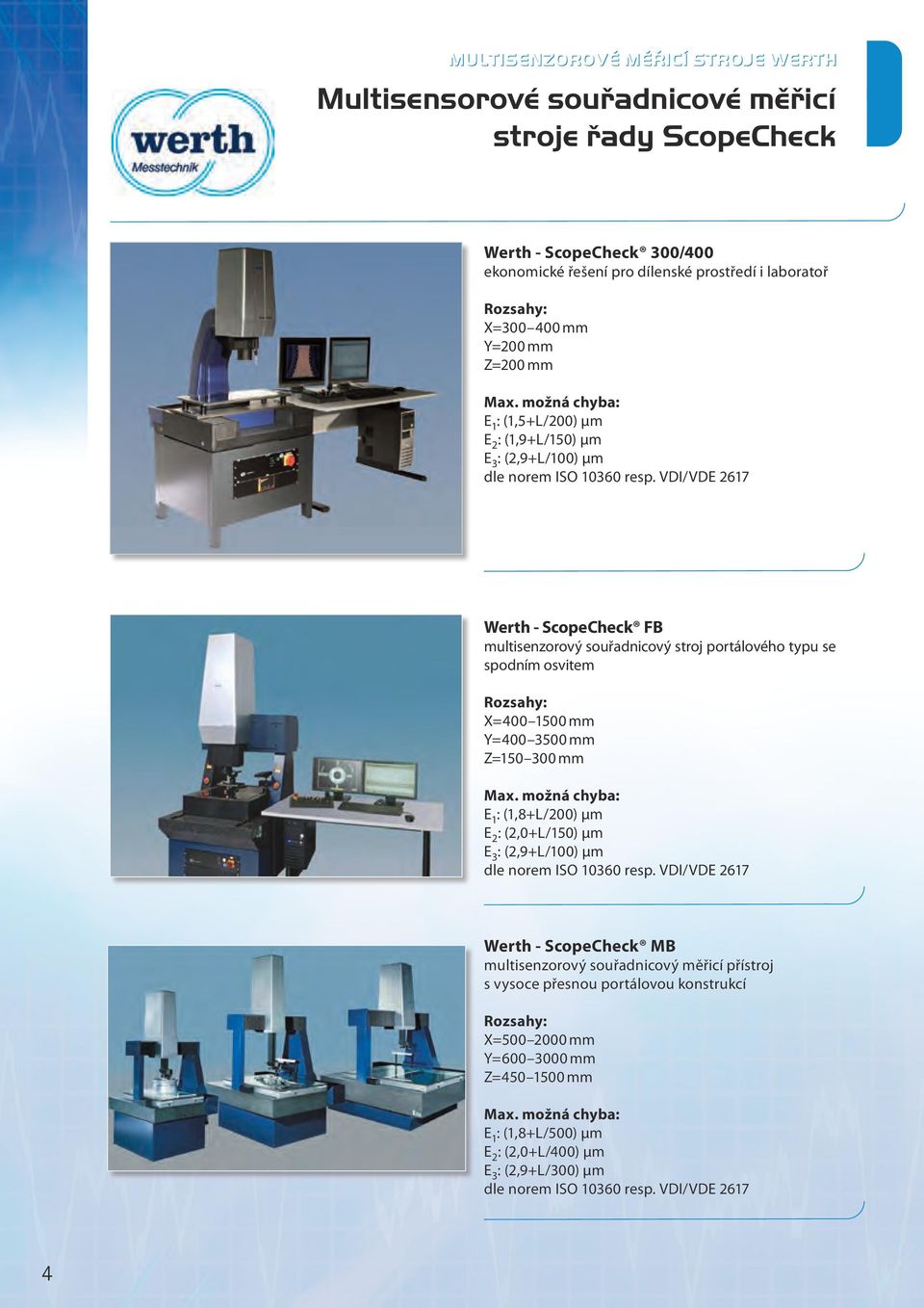 VDI/VDE 2617 Werth - ScopeCheck FB multisenzorový souřadnicový stroj portálového typu se spodním osvitem Rozsahy: X=400 1500 mm Y=400 3500 mm Z=150 300 mm Max.