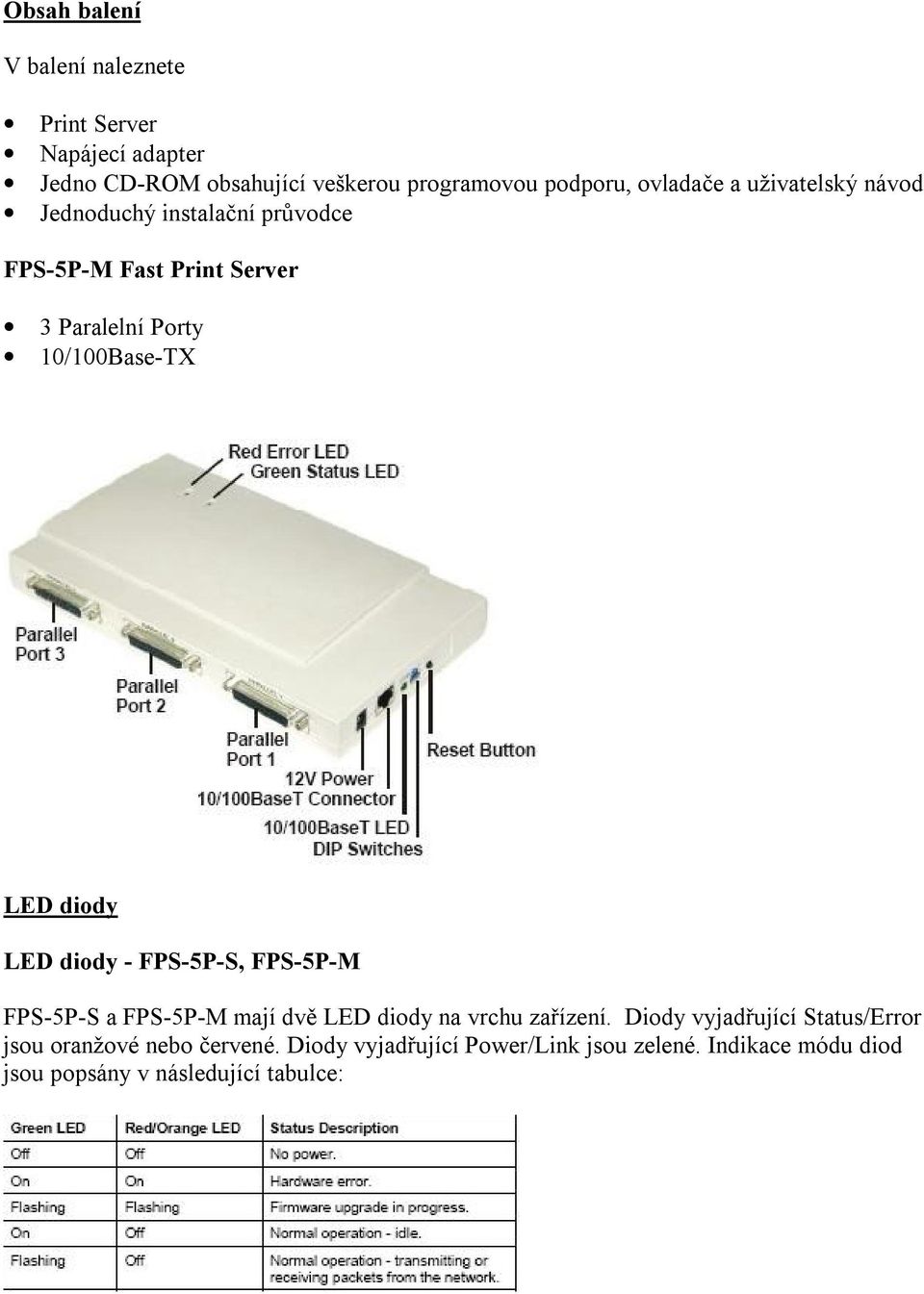diody LED diody - FPS-5P-S, FPS-5P-M FPS-5P-S a FPS-5P-M mají dvě LED diody na vrchu zařízení.