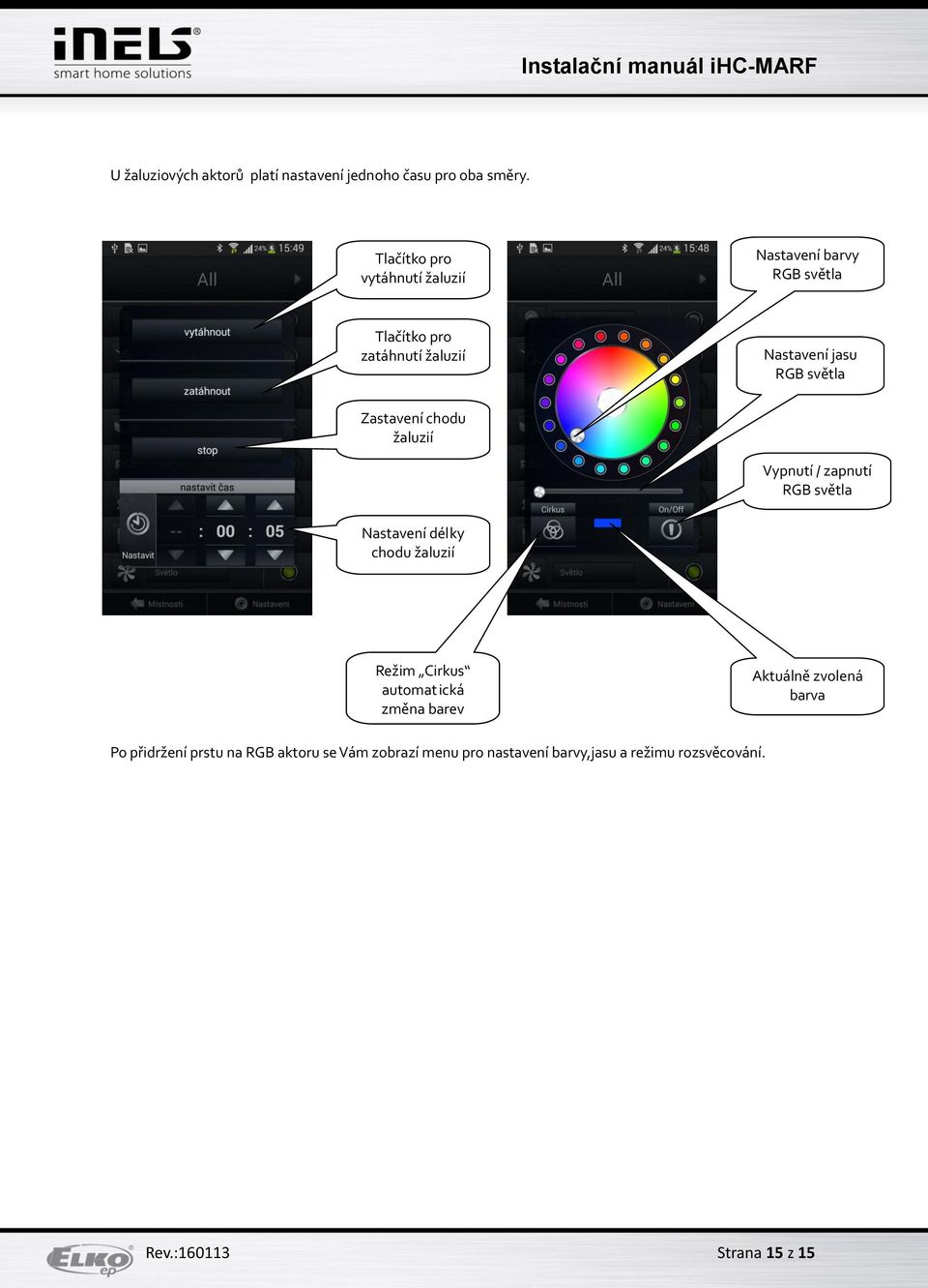 světla Zastavení chodu žaluzií Vypnutí / zapnutí RGB světla Nastavení délky chodu žaluzií Režim Cirkus