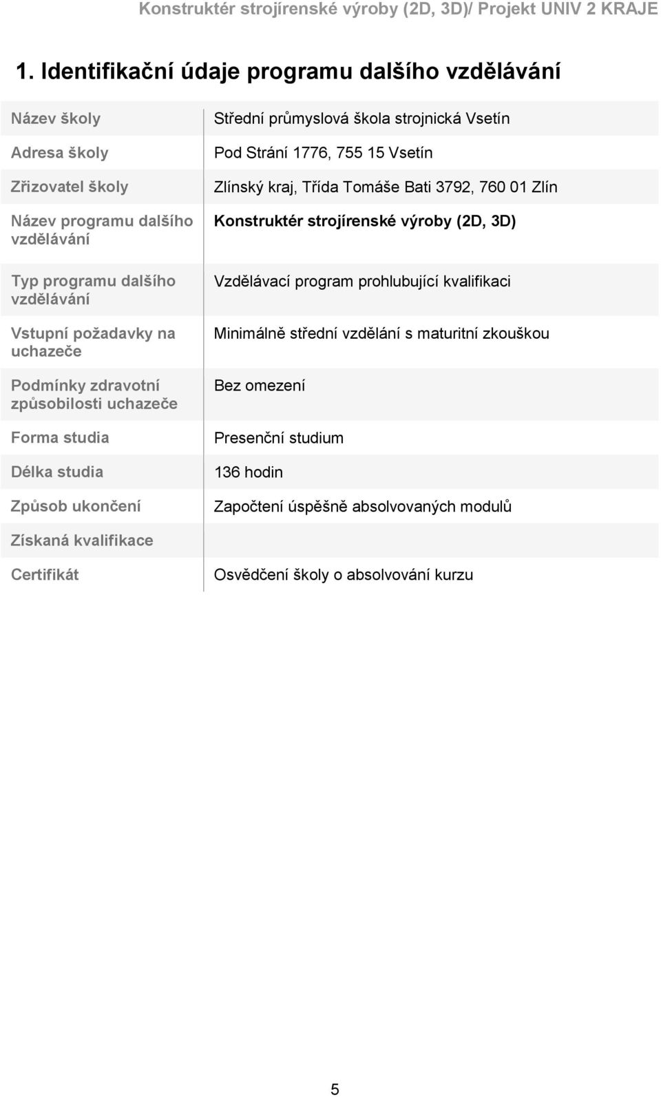 15 Vsetín Zlínský kraj, Třída Tomáše Bati 3792, 760 01 Zlín Konstruktér strojírenské výroby (2D, 3D) Vzdělávací program prohlubující kvalifikaci Minimálně střední