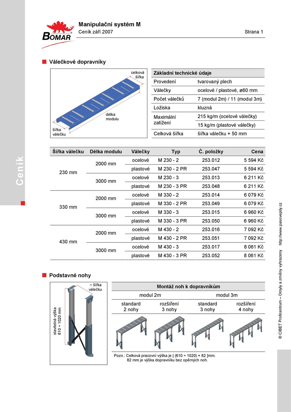 Válečky Typ Č. položky Cena 230 mm 330 mm 430 mm Podstavné nohy stavitelná výška 610 1020 mm ~ šířka válečku 2000 mm 3000 mm 2000 mm 3000 mm 2000 mm 3000 mm standard 2 nohy ocelové M 230-2 253.