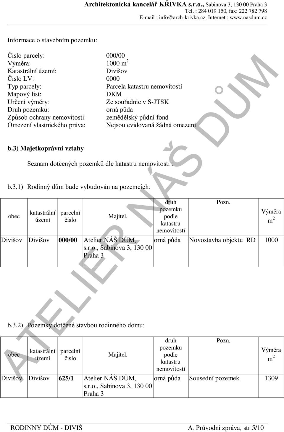 3) Majetkoprávní vztahy Seznam dotčených pozemků dle katastru nemovitostí : b.3.1) Rodinný dům bude vybudován na pozemcích: obec katastrální území Divišov Divišov parcelní číslo Majitel.