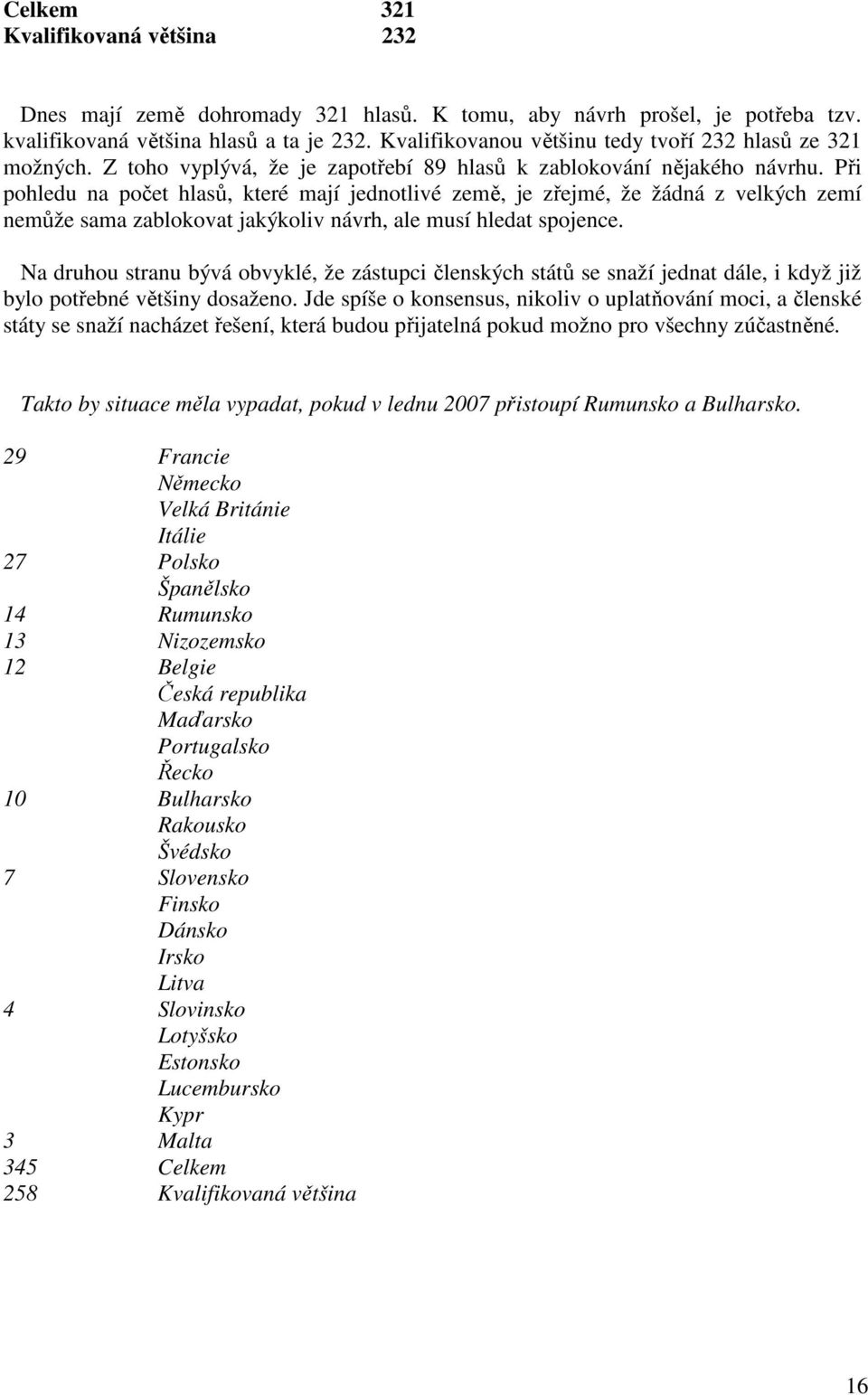 Při pohledu na počet hlasů, které mají jednotlivé země, je zřejmé, že žádná z velkých zemí nemůže sama zablokovat jakýkoliv návrh, ale musí hledat spojence.