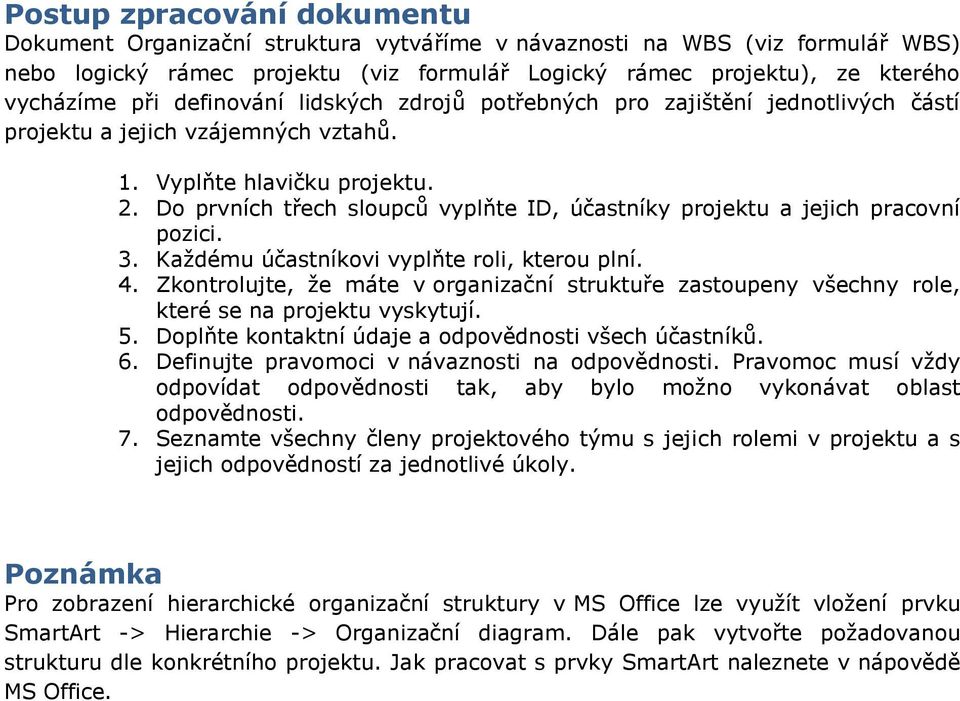 Každému účastníkovi vyplňte roli, kterou plní. 4. Zkontrolujte, že máte v organizační struktuře zastoupeny všechny role, které se na vyskytují. 5.