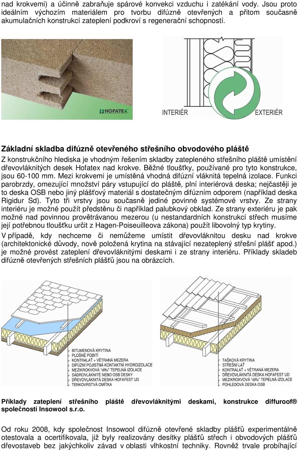Základní skladba difúzně otevřeného střešního obvodového pláště Z konstrukčního hlediska je vhodným řešením skladby zatepleného střešního pláště umístění dřevovláknitých desek Hofatex nad krokve.