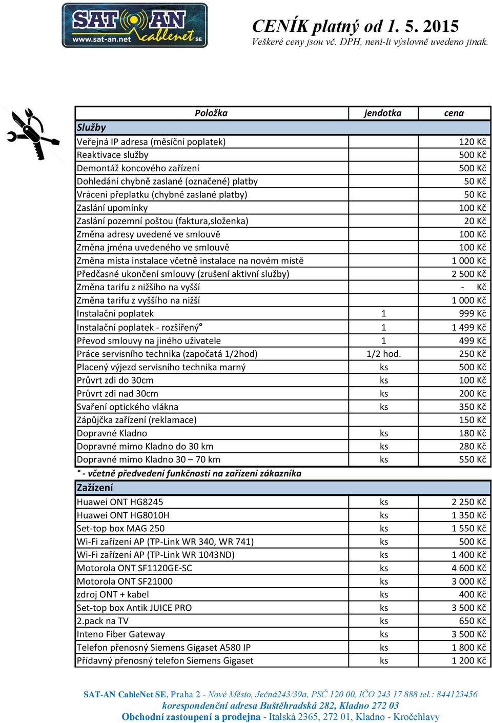 instalace včetně instalace na novém místě 1 000 Kč Předčasné ukončení smlouvy (zrušení aktivní služby) 2 500 Kč Změna tarifu z nižšího na vyšší - Kč Změna tarifu z vyššího na nižší 1 000 Kč