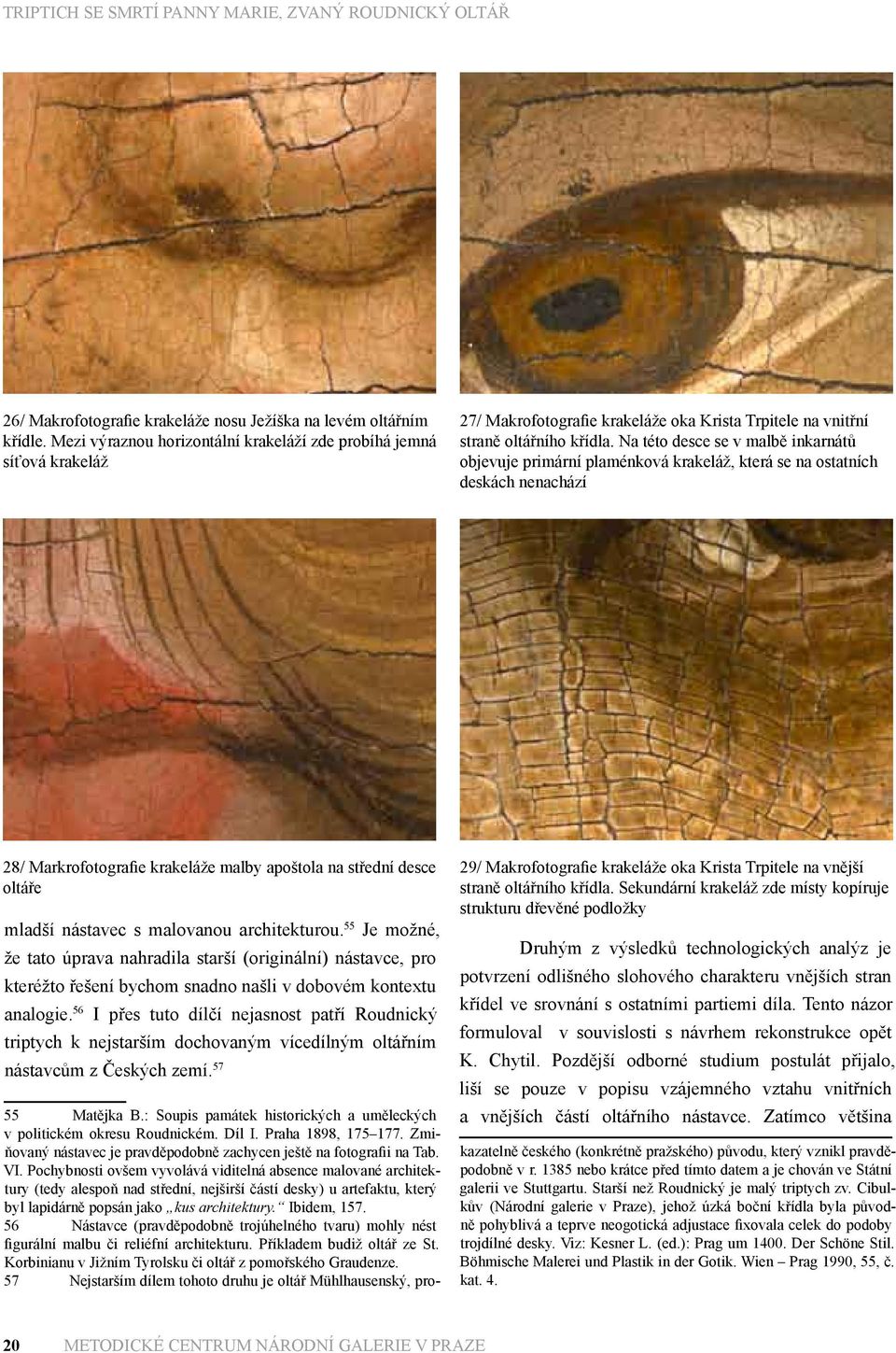 Na této desce se v malbě inkarnátů objevuje primární plaménková krakeláž, která se na ostatních deskách nenachází 28/ Markrofotografie krakeláže malby apoštola na střední desce oltáře mladší nástavec