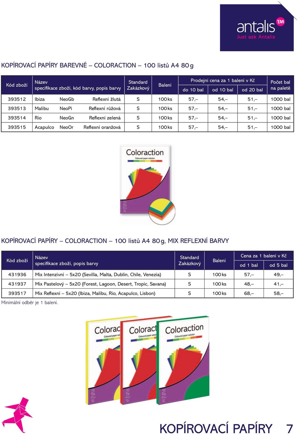 1000 bal KOPÍROVACÍ PAPÍRY COLORACTION 100 listů A4 80 g, MIX REFLEXNÍ BARVY specifi kace zboží, popis barvy Cena za 1 balení v Kč od 1 bal od 5 bal 431936 Mix Intenzivní 5x20 (Sevilla, Malta,