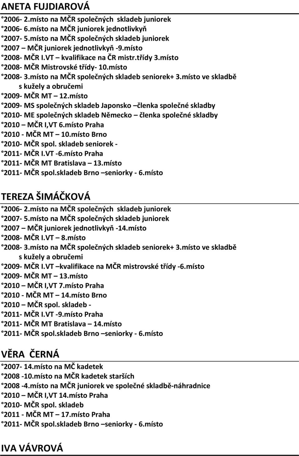 místo 2009 MS společných skladeb Japonsko členka společné skladby 2010 ME společných skladeb Německo členka společné skladby 2010 MČR I,VT 6.místo Praha 2010 MČR MT 10.místo Brno 2010 MČR spol.