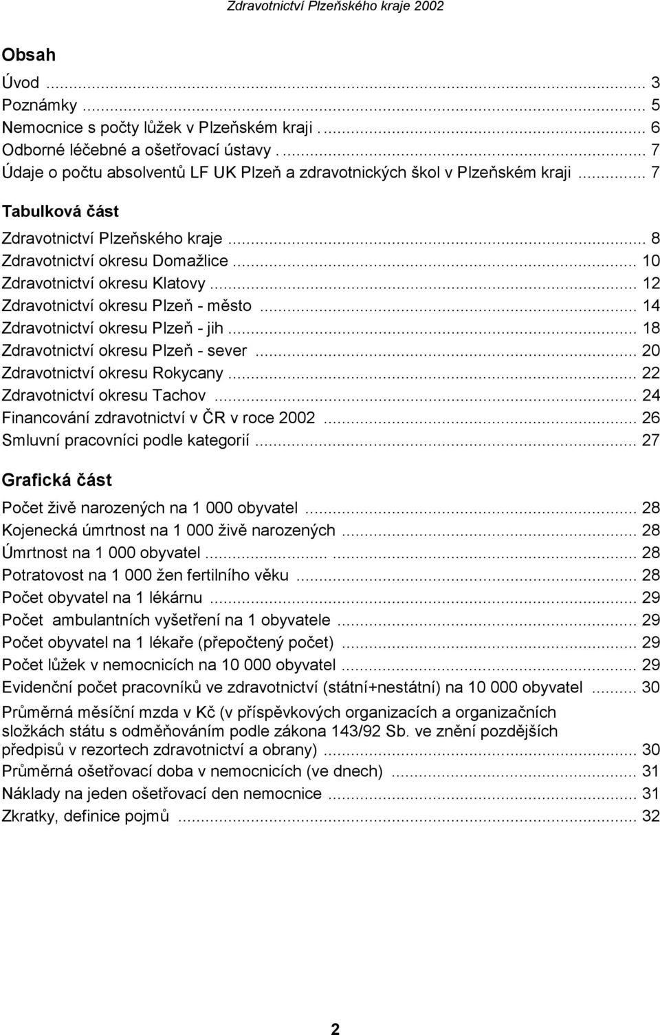 .. 18 Zdravotnictví okresu Plzeň sever... 20 Zdravotnictví okresu Rokycany... 22 Zdravotnictví okresu Tachov... 24 Financování zdravotnictví v ČR v roce 2002... 26 Smluvní pracovníci podle kategorií.