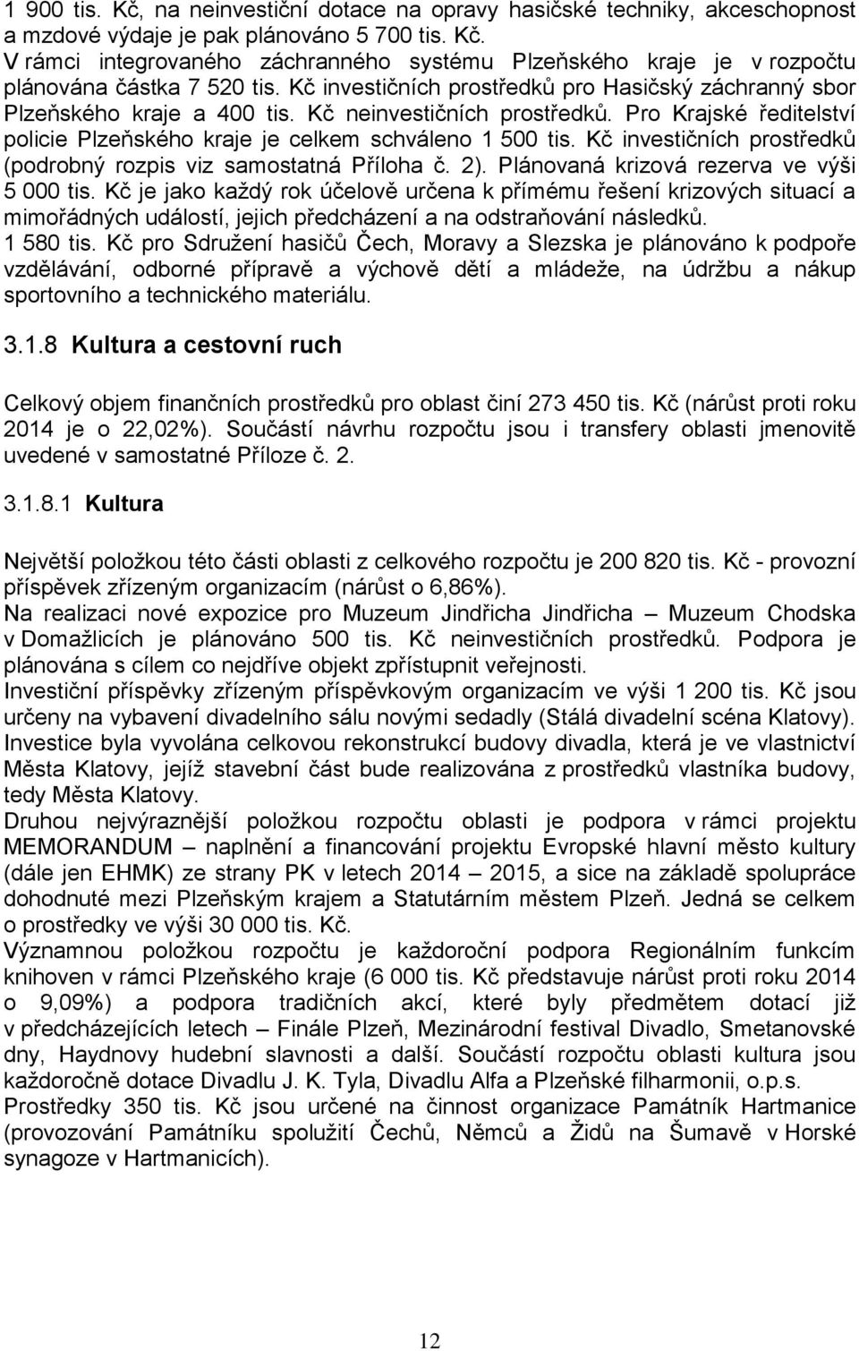 Kč investičních prostředků (podrobný rozpis viz samostatná Příloha č. 2). Plánovaná krizová rezerva ve výši 5 000 tis.