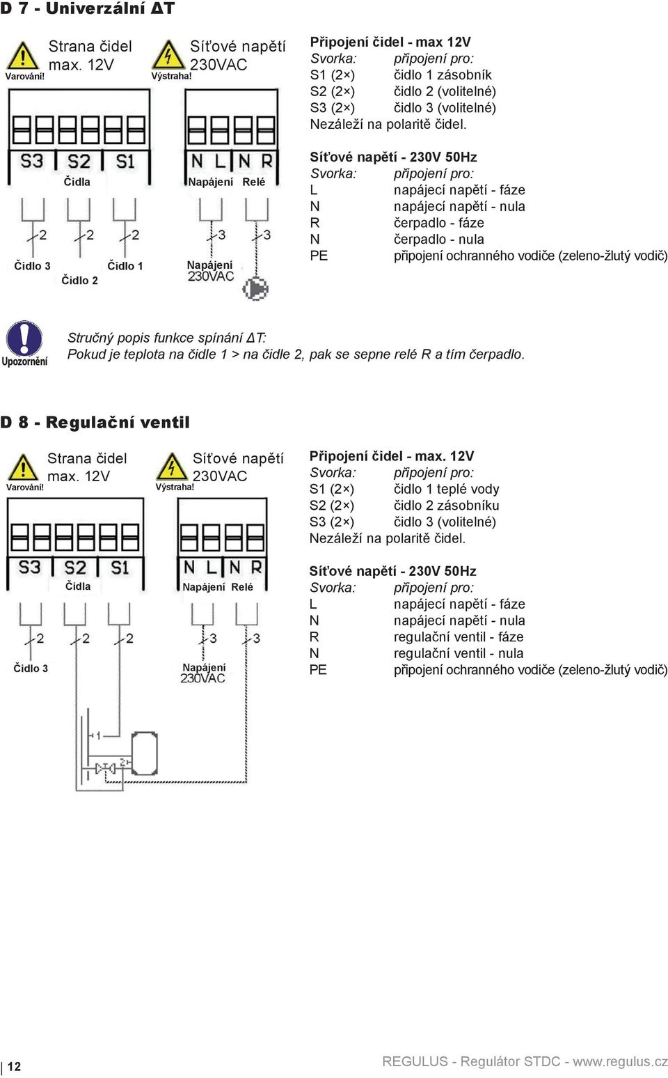 Čidlo 3 Čidla Čidlo 2 Čidlo 1 Napájení Napájení Relé Síťové napětí - 230V 50Hz L napájecí napětí - fáze N napájecí napětí - nula R čerpadlo - fáze N čerpadlo - nula PE připojení ochranného vodiče