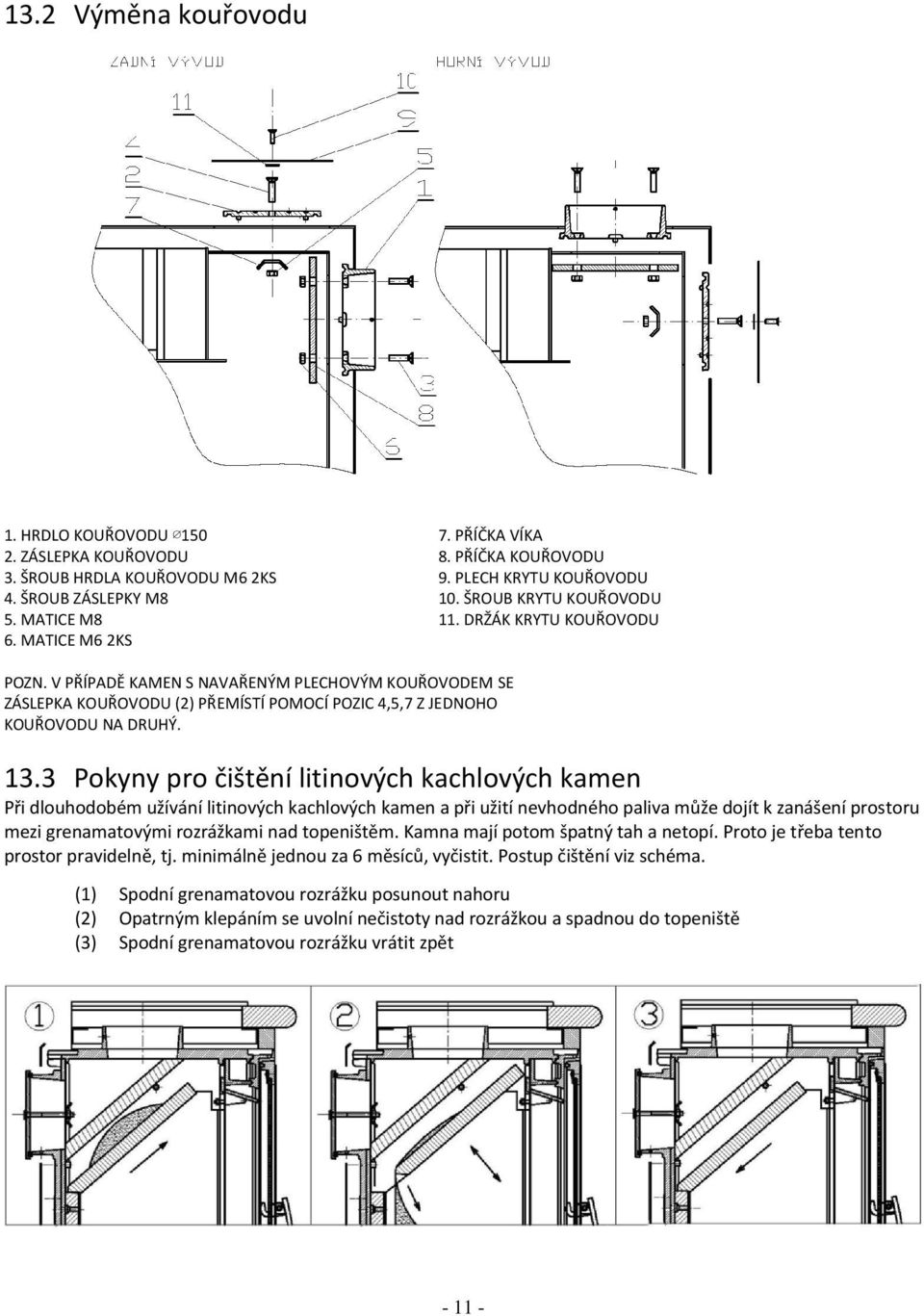 V PŘÍPADĚ KAMEN S NAVAŘENÝM PLECHOVÝM KOUŘOVODEM SE ZÁSLEPKA KOUŘOVODU (2) PŘEMÍSTÍ POMOCÍ POZIC 4,5,7 Z JEDNOHO KOUŘOVODU NA DRUHÝ. 13.
