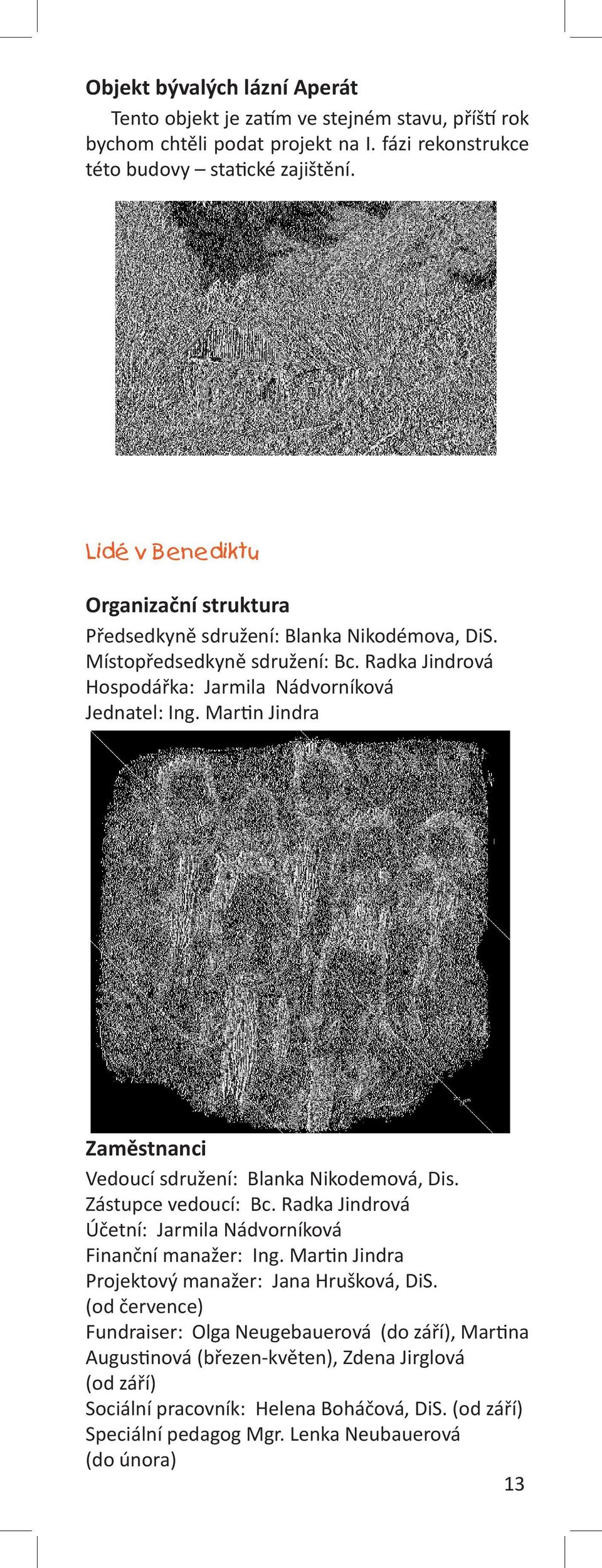 Martin Jindra Zaměstnanci Vedoucí sdružení: Blanka Nikodemová, Dis. Zástupce vedoucí: Bc. Radka Jindrová Účetní: Jarmila Nádvorníková Finanční manažer: Ing.