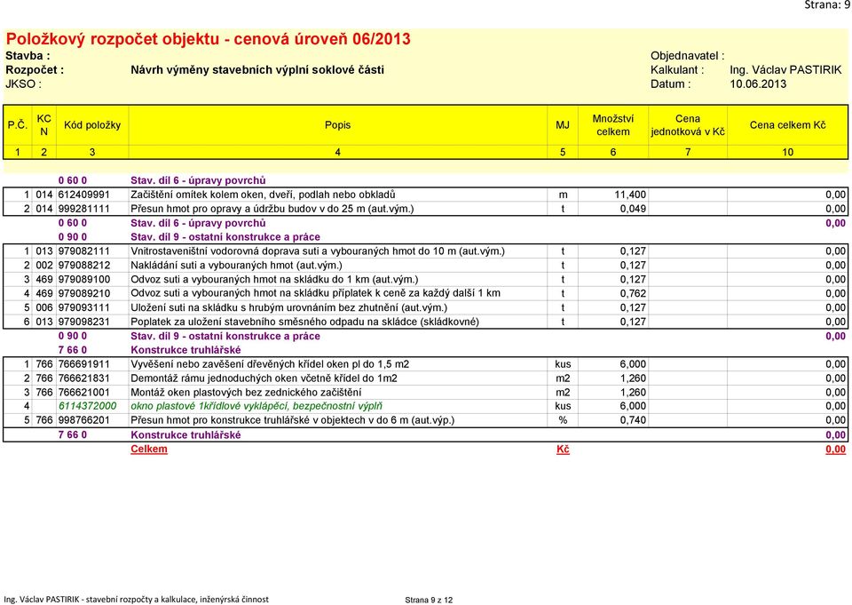 ) t 0,049 0,00 0 90 0 Stav. díl 9 - ostatní konstrukce a práce 1 013 979082111 Vnitrostaveništní vodorovná doprava suti a vybouraných hmot do 10 m (aut.vým.
