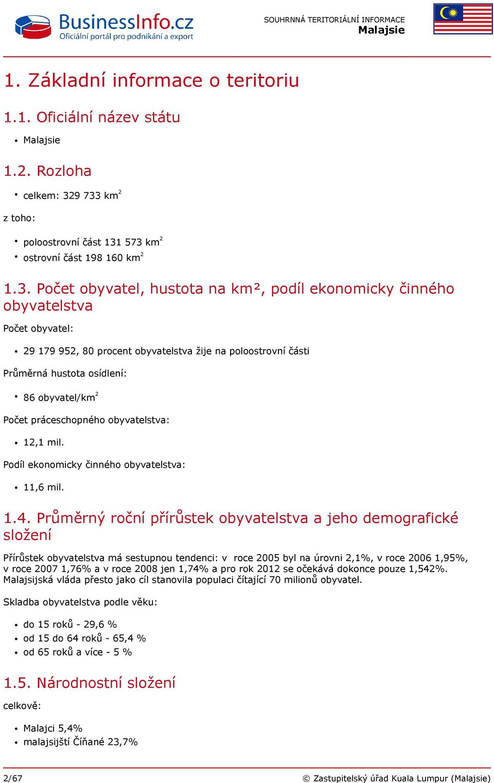 obyvatelstva žije na poloostrovní části Průměrná hustota osídlení: 86 obyvatel/km 2 Počet práceschopného obyvatelstva: 12,1 mil. Podíl ekonomicky činného obyvatelstva: 11,6 mil. 1.4.