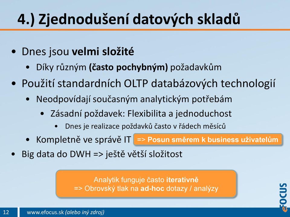 a jednoduchost Dnes je realizace poždavků často v řádech měsíců Kompletně ve správě IT Big data do DWH => ještě větší