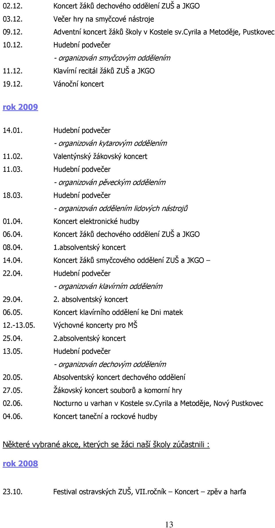 Hudební podvečer - organizován pěveckým oddělením 18.03. Hudební podvečer - organizován oddělením lidových nástrojů 01.04. Koncert elektronické hudby 06.04. Koncert žáků dechového oddělení ZUŠ a JKGO 08.