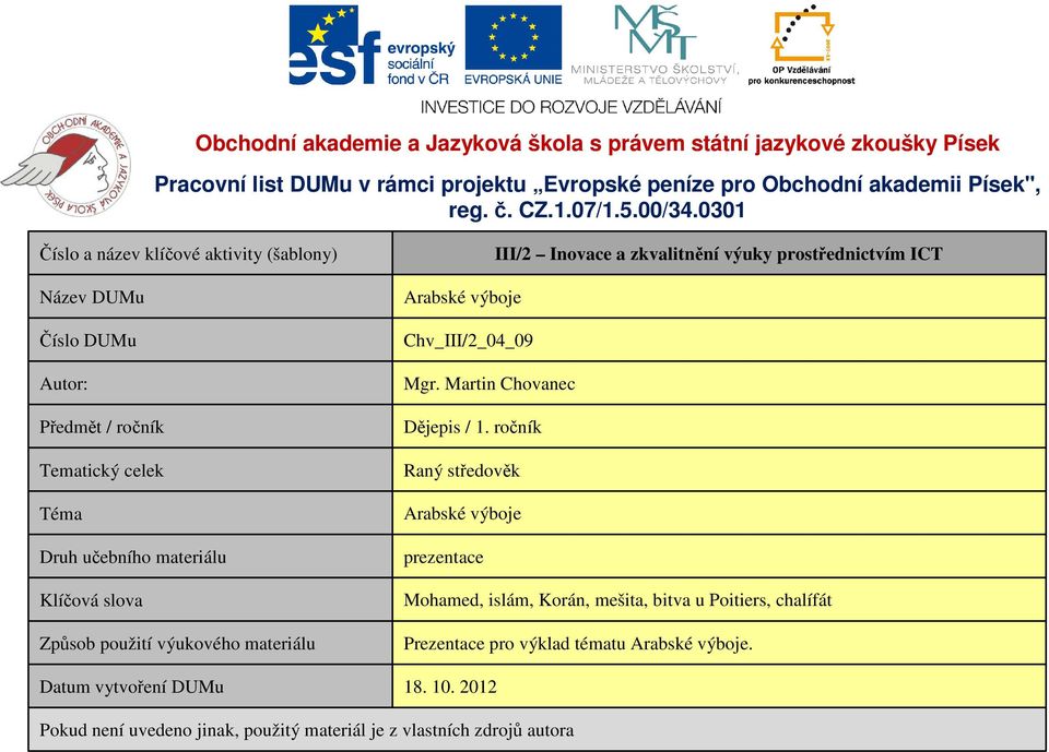 Datum vytvoření DUMu III/2 Inovace a zkvalitnění výuky prostřednictvím ICT Arabské výboje Chv_III/2_04_09 Mgr. Martin Chovanec Dějepis / 1.