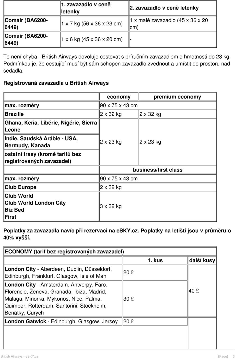 Podmínkou je, že cestující musí být sám schopen zavazadlo zvednout a umístit do prostoru nad sedadla. Registrovaná zavazadla u British Airways max.