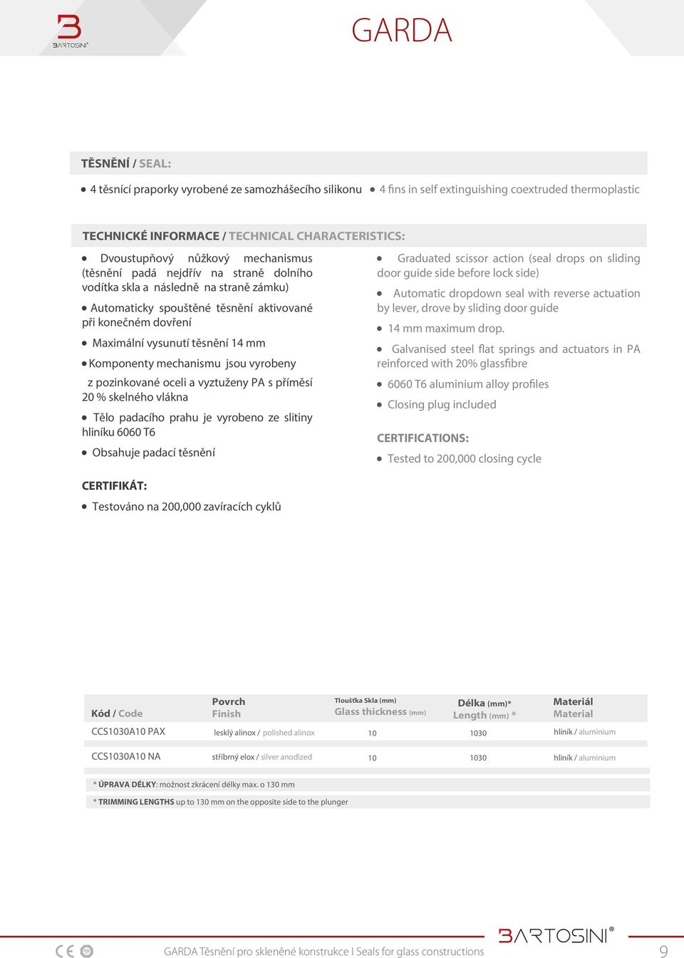 mechanismu jsou vyrobeny z pozinkované oceli a vyztuženy PA s příměsí 20 % skelného vlákna Tělo padacího prahu je vyrobeno ze slitiny hliníku 6060 T6 Obsahuje padací těsnění Graduated scissor action