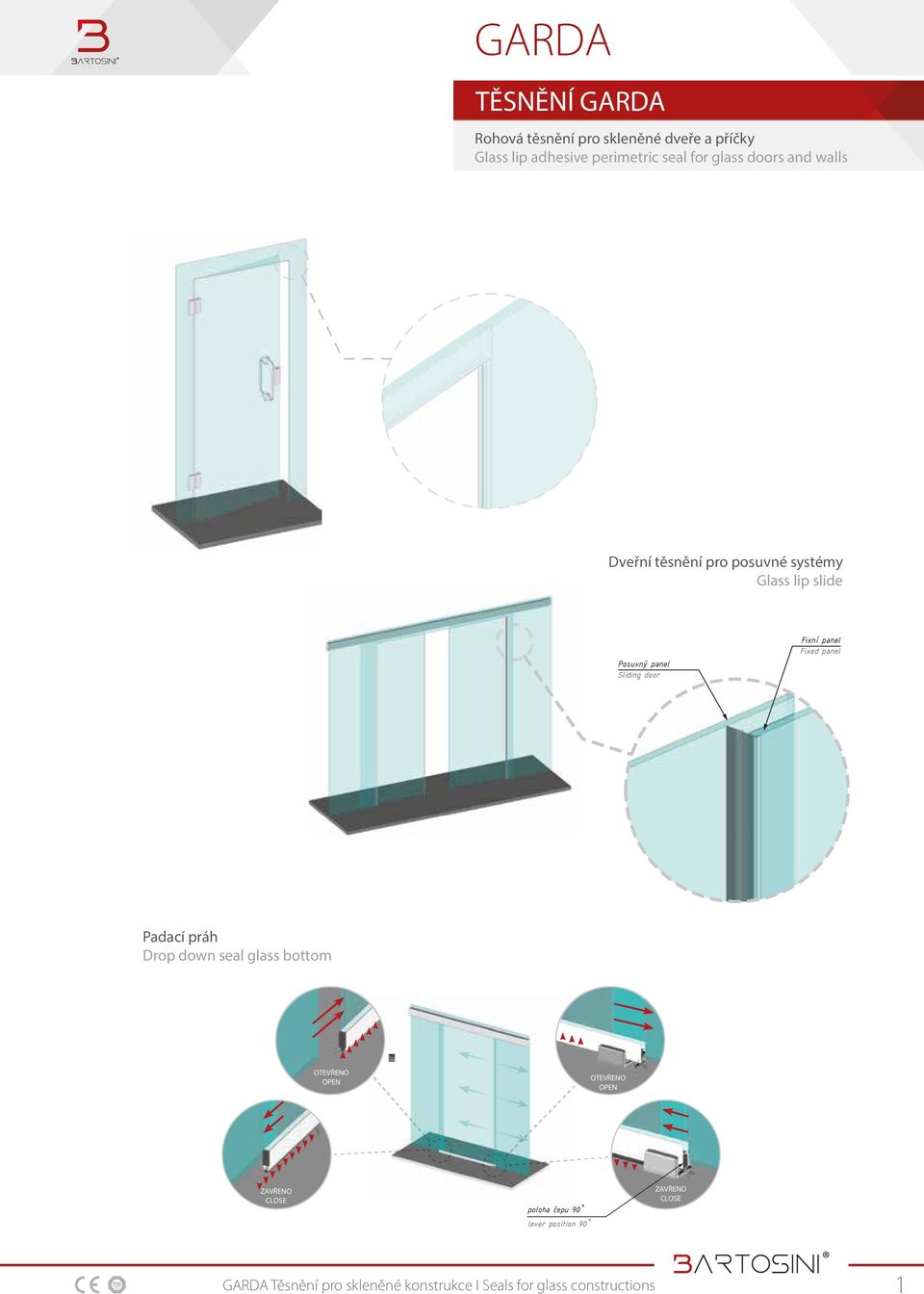 Posuvný panel Sliding door Fixní panel Fixed panel Padací práh Drop down seal glass