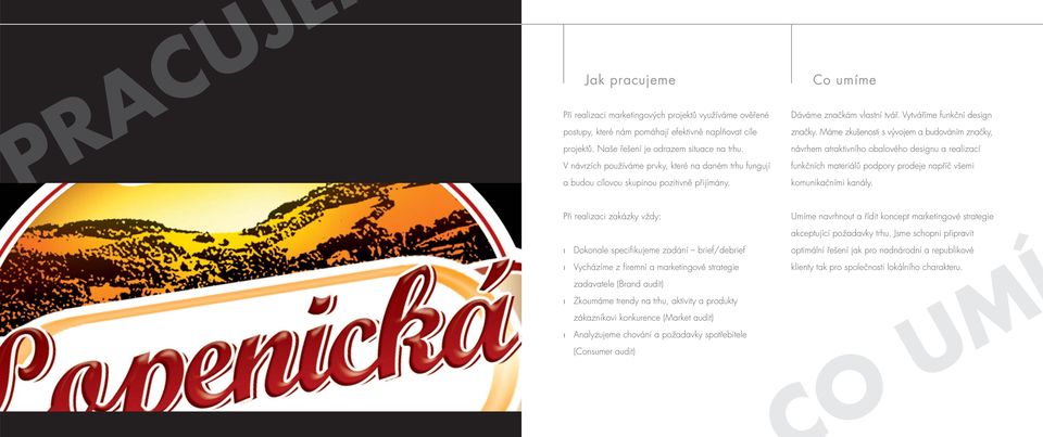 Při realizaci zakázky vždy: ı Dokonale specifi kujeme zadání brief/debrief ı Vycházíme z fi remní a marketingové strategie zadavatele (Brand audit) ı Zkoumáme trendy na trhu, aktivity a produkty