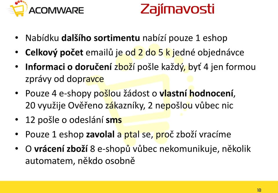 vlastní hodnocení, 20 využije Ověřeno zákazníky, 2 nepošlou vůbec nic 12 pošle o odeslání sms Pouze 1 eshop