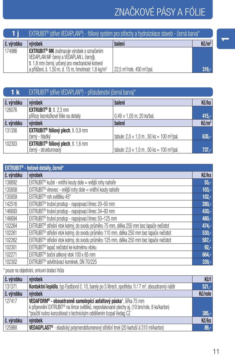 15 m, hmotnost: 1,8 kg/m 2 22,5 m 2 /role, 450 m 2 /pal. 319,- 1 1 k EXTRUBIT (dříve VEDAPLAN ) - příslušenství (černá barva)* č. výrobku výrobek balení Kč/ks 126076 EXTRUBIT D, tl.