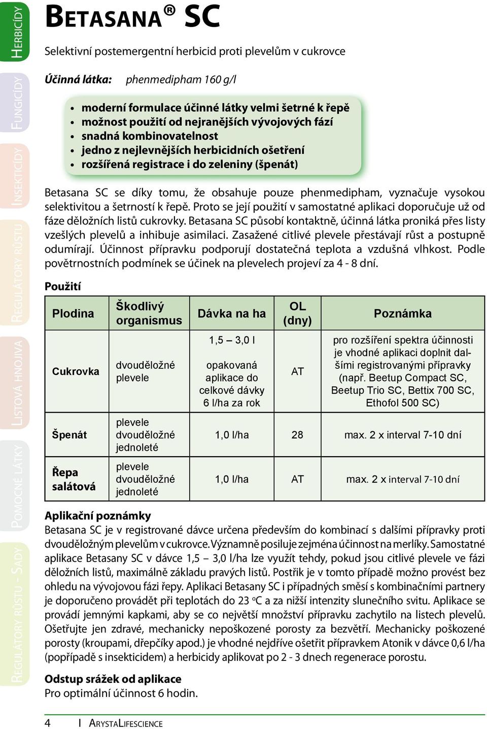 registrace i do zeleniny (špenát) Betasana SC se díky tomu, že obsahuje pouze phenmedipham, vyznačuje vysokou selektivitou a šetrností k řepě.