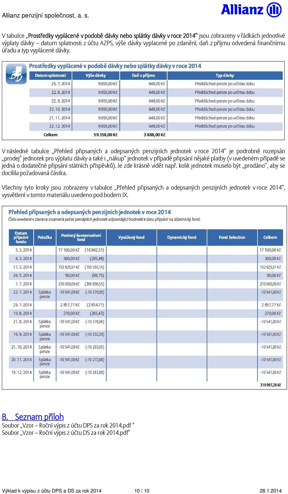 V následné tabulce Přehled připsaných a odepsaných penzijních jednotek v roce 2014 je podrobně rozepsán prodej jednotek pro výplatu dávky a také i nákup jednotek v případě připsání nějaké platby (v