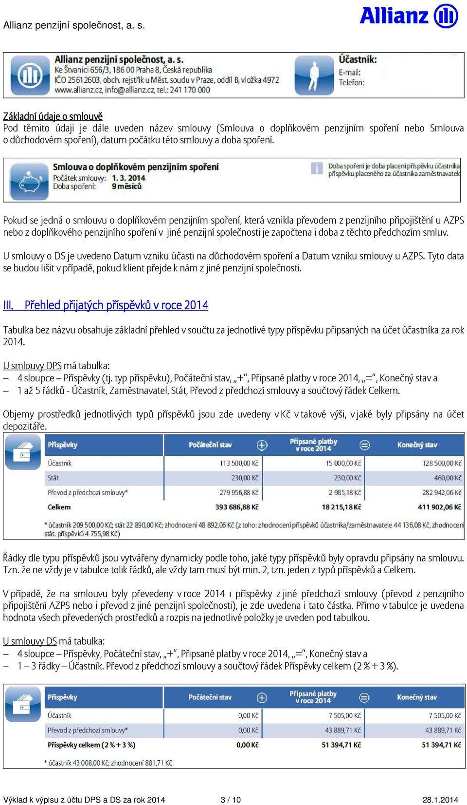 z těchto předchozím smluv. U smlouvy o DS je uvedeno Datum vzniku účasti na důchodovém spoření a Datum vzniku smlouvy u AZPS.